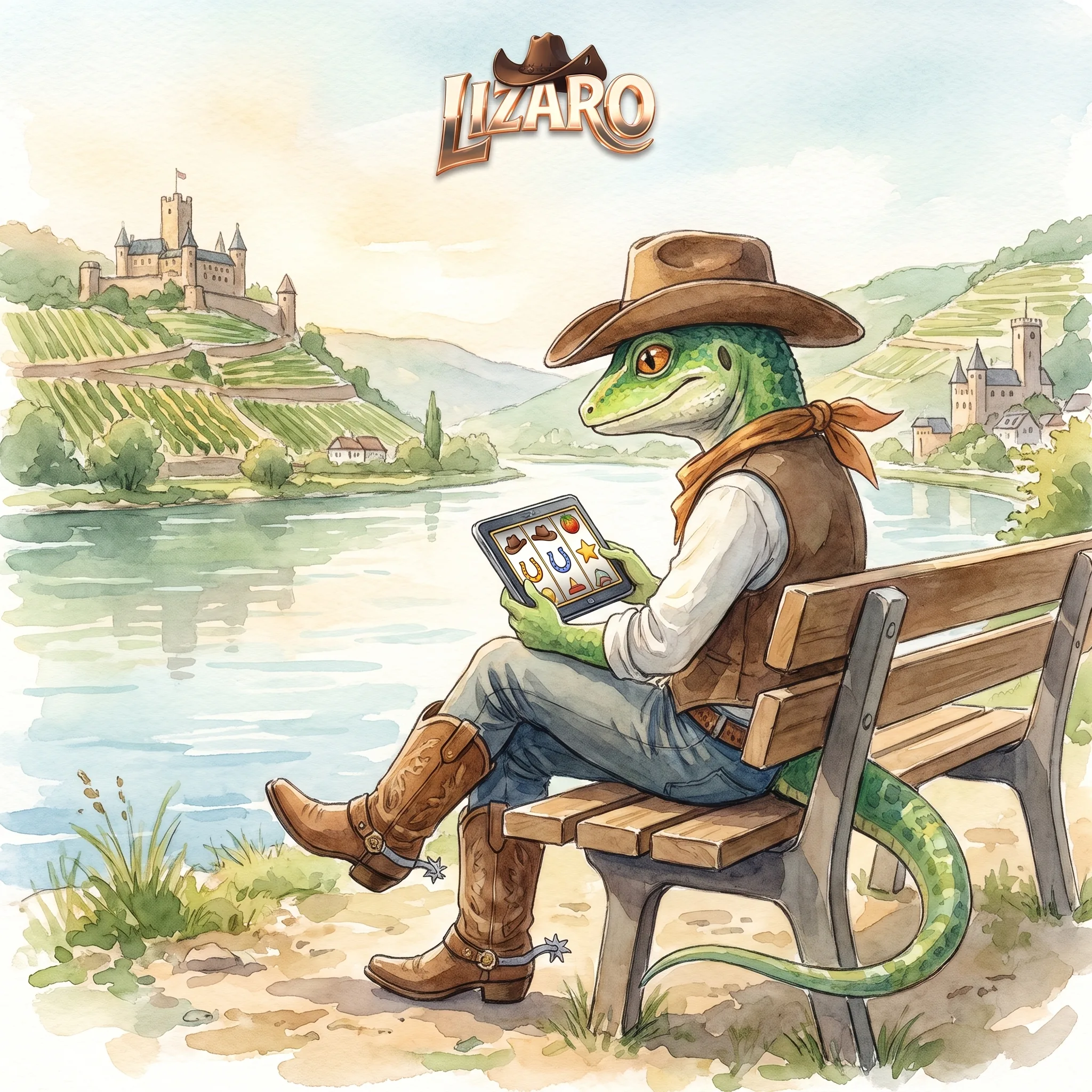 Lizaro auf einem Tablet am Rheinufer