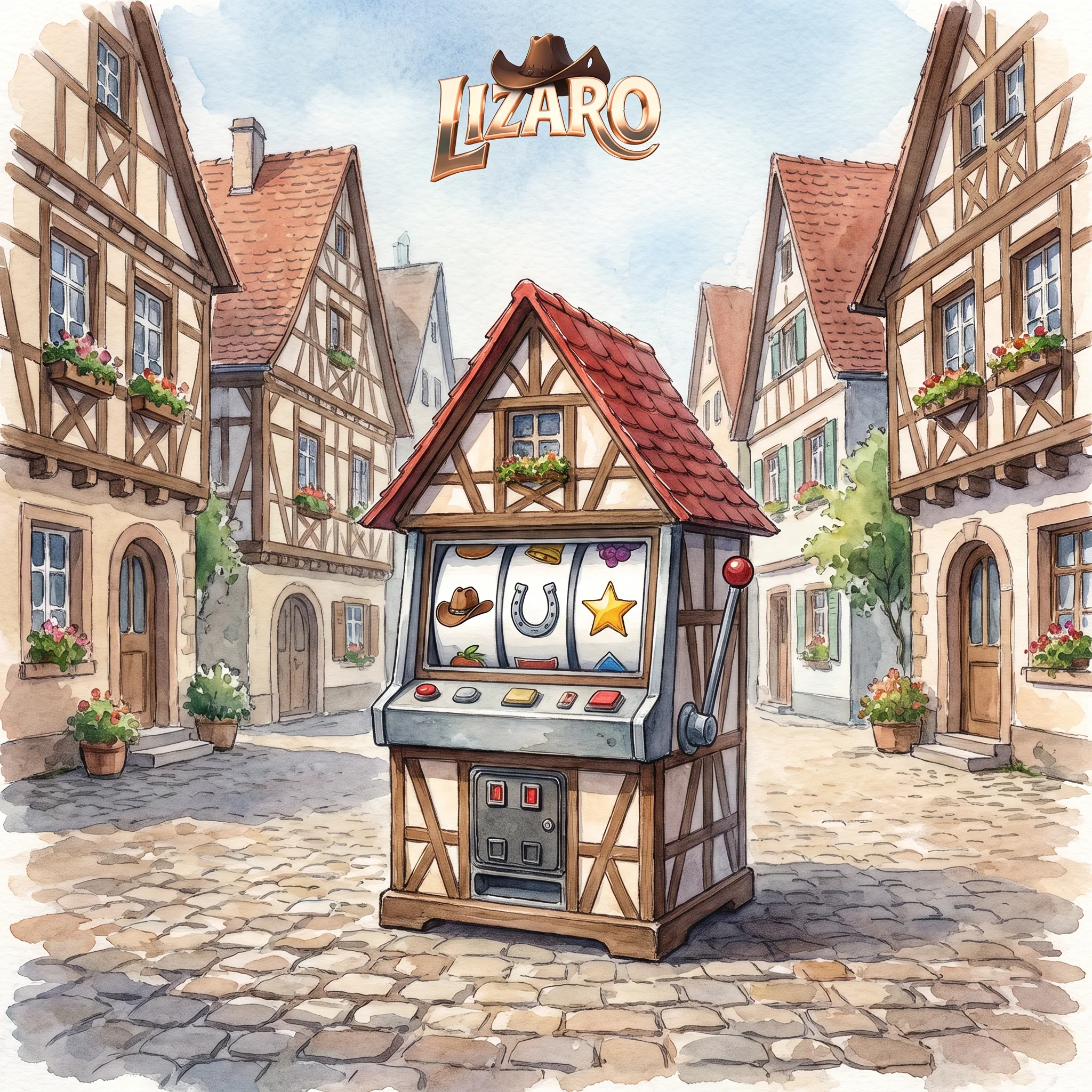 Lizaro-Spielautomaten im aquarellierten Rheinmotiv